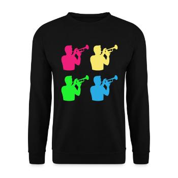 Trompetenklang in Farbe – Musikalischer Regenbogen - Unisex Pullover - Schwarz - Vorne - Alina (178cm) & Michal (187cm)