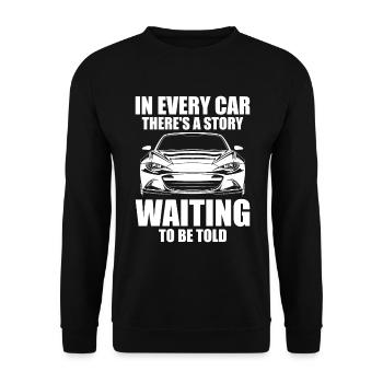 In jedem Auto steckt eine Geschichte, die darauf wartet, erzählt zu werden - Unisex Pullover - Schwarz - Vorne - Alina (178cm) & Michal (187cm)
