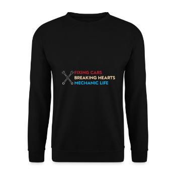 Autos reparieren, Herzen brechen – Mechanic Life - Unisex Pullover - Schwarz - Vorne - Alina (178cm) & Michal (187cm)