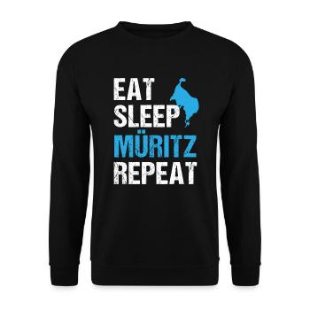 Müritz-Rhythmus: Essen, Schlafen, Erleben - Unisex Pullover - Schwarz - Vorne - Alina (178cm) & Michal (187cm)