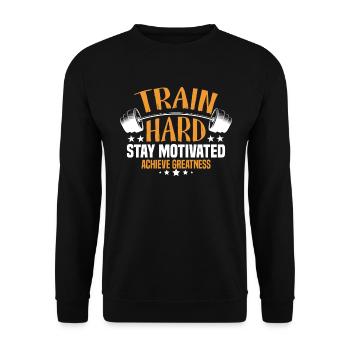 Trainiere hart, bleibe motiviert, erreiche Größe. - Unisex Pullover - Schwarz - Vorne - Alina (178cm) & Michal (187cm)