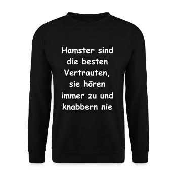 Kleine Geschenkidee für Hamsterfans - Unisex Pullover - Schwarz - Vorne - Alina (178cm) & Michal (187cm)