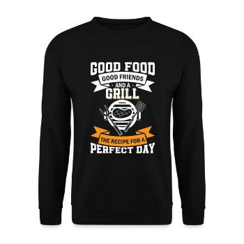 Gutes Essen, gute Freunde und ein Grill - Das Rezept - Unisex Pullover - Schwarz - Vorne - Alina (178cm) & Michal (187cm)