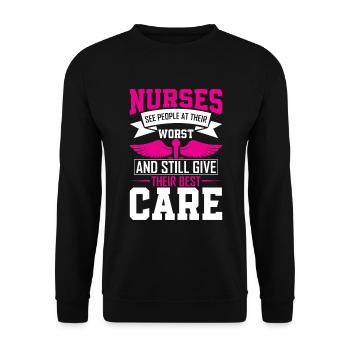 Krankenschwestern sehen Menschen von ihrer schlimmsten Seite und geben trotzdem - Unisex Pullover - Schwarz - Vorne - Alina (178cm) & Michal (187cm)