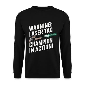 Achtung: Lasertag-Champion in Aktion! - Unisex Pullover - Schwarz - Vorne - Alina (178cm) & Michal (187cm)