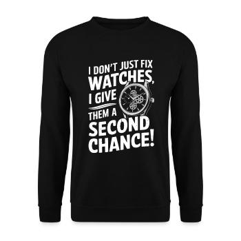 Ich repariere nicht nur Uhren; Ich gebe ihnen einen zweiten Cha - Unisex Pullover - Schwarz - Vorne - Alina (178cm) & Michal (187cm)