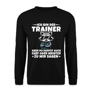 Fußballtrainer Chef oder Meister Waschbär Trainer - Unisex Pullover - Schwarz - Vorne - Alina (178cm) & Michal (187cm)