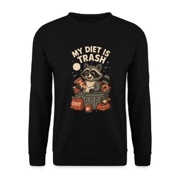 My Diet is Trash – Lustiges Waschbär-Motiv - Unisex Pullover - Schwarz - Vorne - Alina (178cm) & Michal (187cm)