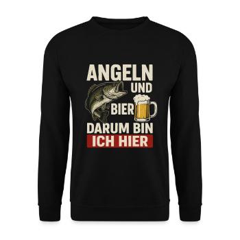Angeln und Bier – Darum bin ich hier - Unisex Pullover - Schwarz - Vorne - Alina (178cm) & Michal (187cm)