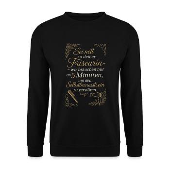 Friseurin mit Macht - Unisex Pullover - Schwarz - Vorne - Alina (178cm) & Michal (187cm)