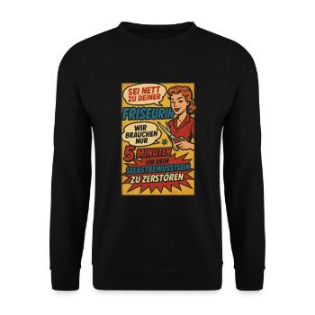 Retro Friseurin mit Attitüde - Unisex Pullover - Schwarz - Vorne - Alina (178cm) & Michal (187cm)