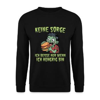 Halloween Beiße nur wenn hungrig - Lustiges Zombie - Unisex Pullover - Schwarz - Vorne - Alina (178cm) & Michal (187cm)