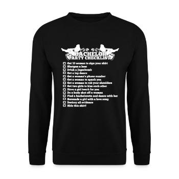Bachelor Party Checklist Shirt - Funny Groom Shirt - Unisex Pullover - Schwarz - Vorne - Alina (178cm) & Michal (187cm)