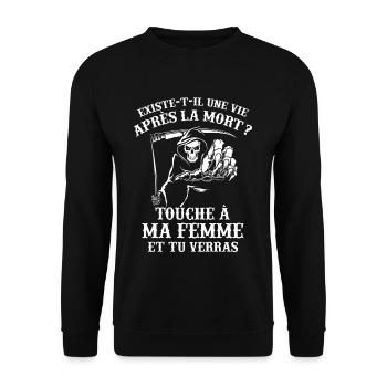 Tshirt Couple - Touche à ma Femme et tu Verras - Sweat-shirt Unisexe - noir - Devant - Alina (178cm) & Michal (187cm)