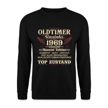 Oldtimer Baujahr 1969 Jahrgang Geburtstag Geschenk - Unisex Pullover - Schwarz - Vorne - Alina (178cm) & Michal (187cm)