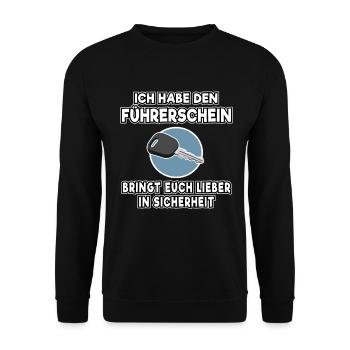Bestanden Ich habe den Führerschein Geschenk Shirt - Unisex Pullover - Schwarz - Vorne - Alina (178cm) & Michal (187cm)