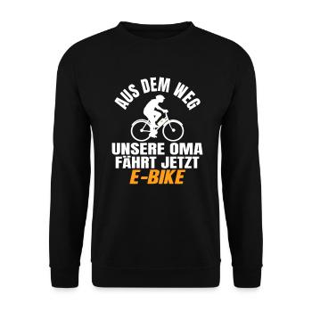 Oma Rentnerin E-Bike Fahrrad Spruch Rente Lustig - Unisex Pullover - Schwarz - Vorne - Alina (178cm) & Michal (187cm)