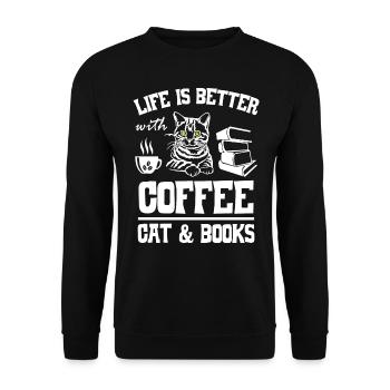 Life is Better with Coffee Cat and Books - Unisex Pullover - Schwarz - Vorne - Alina (178cm) & Michal (187cm)