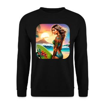 Sexy Surfer Girl am Strand mit Sonnenuntergang - Unisex Pullover - Schwarz - Vorne - Alina (178cm) & Michal (187cm)