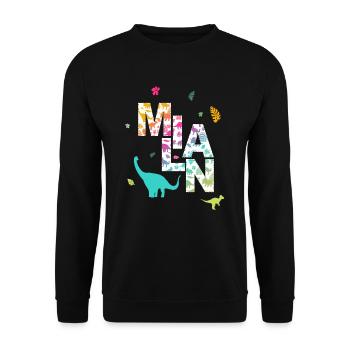 MILAN - Schöner Jungen Name mit Dinosaurier - Unisex Pullover - Schwarz - Vorne - Alina (178cm) & Michal (187cm)