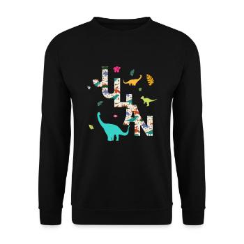JULIAN - Schöner Jungen Name mit Dinosaurier - Unisex Pullover - Schwarz - Vorne - Alina (178cm) & Michal (187cm)
