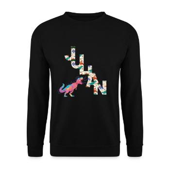 JULIAN - Schöner Jungen Name mit Dinosaurier - Unisex Pullover - Schwarz - Vorne - Alina (178cm) & Michal (187cm)
