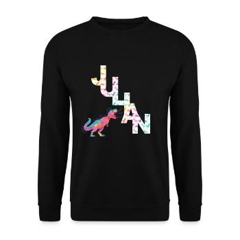 JULIAN - Schöner Jungen Name mit Dinosaurier - Unisex Pullover - Schwarz - Vorne - Alina (178cm) & Michal (187cm)