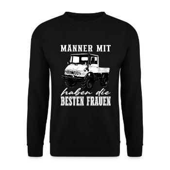 Männer mit Unimog - Offroad - Universal Motorgerät - Unisex Pullover - Schwarz - Vorne - Alina (178cm) & Michal (187cm)