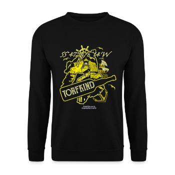 Whisky Torfkind gelb mit Umriss der Insel Islay - Unisex Pullover - Schwarz - Vorne - Alina (178cm) & Michal (187cm)