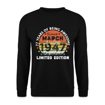 77 Jahre alt Baujahr 1947 Jahrgang März 1947 - Unisex Pullover - Schwarz - Vorne - Alina (178cm) & Michal (187cm)