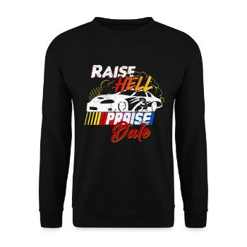 Raise Hell Praise Dale lustiger Rennfahrer Spruch - Unisex Pullover - Schwarz - Vorne - Alina (178cm) & Michal (187cm)