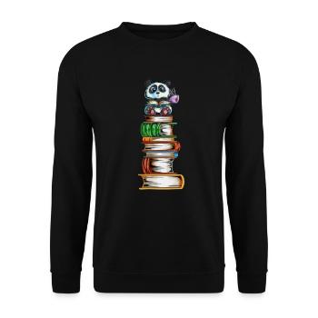 Pandabär auf einem Bücherturm mit Tee Buch lesen - Unisex Pullover - Schwarz - Vorne - Alina (178cm) & Michal (187cm)