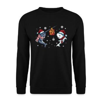 Beluga Wal Narwal Horn Geschenk Weihnachten Outfit - Unisex Pullover - Schwarz - Vorne - Alina (178cm) & Michal (187cm)