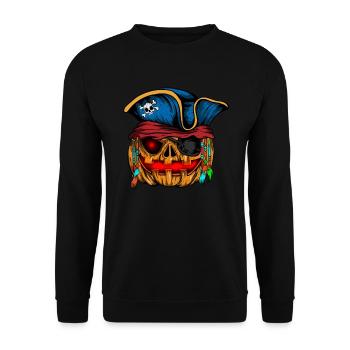 Piraten Kürbis Leuchtendes Skelett Halloween - Unisex Pullover - Schwarz - Vorne - Alina (178cm) & Michal (187cm)
