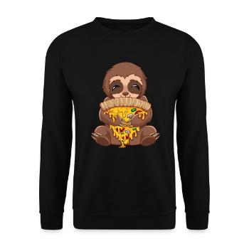 Faultier Pizzastück essen Pizzen Wochenendoutfit - Unisex Pullover - Schwarz - Vorne - Alina (178cm) & Michal (187cm)