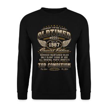 Oldtimer Baujahr 1987 Jahrgang Geburtstag Geschenk - Unisex Pullover - Schwarz - Vorne - Alina (178cm) & Michal (187cm)