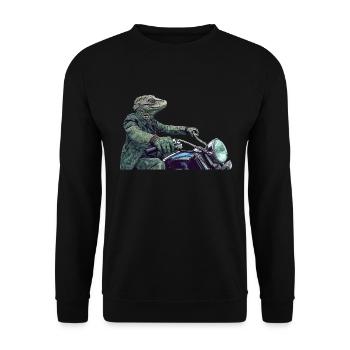 Reptil in Grün auf einem Motorrad - Unisex Pullover - Schwarz - Vorne - Alina (178cm) & Michal (187cm)