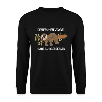 Faultier Frühen Vogel Gefressen Faultierspruch - Unisex Pullover - Schwarz - Vorne - Alina (178cm) & Michal (187cm)