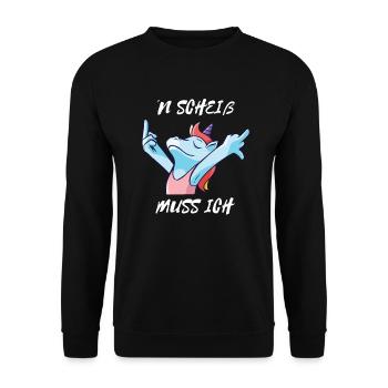 Einen Scheiß muss ich witziges Einhorn Motiv - Unisex Pullover - Schwarz - Vorne - Alina (178cm) & Michal (187cm)