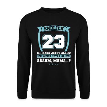 Endlich 23 - Ich kann jetzt alles - 23. Geburtstag - Unisex Pullover - Schwarz - Vorne - Alina (178cm) & Michal (187cm)