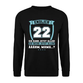Endlich 22 - Ich kann jetzt alles - 22. Geburtstag - Unisex Pullover - Schwarz - Vorne - Alina (178cm) & Michal (187cm)