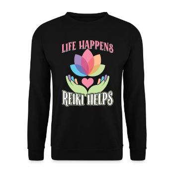 Das Leben Passiert – Reiki Hilft - Unisex Pullover - Schwarz - Vorne - Alina (178cm) & Michal (187cm)