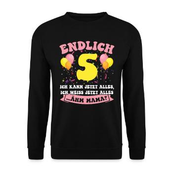 Endlich 5 - Ich kann jetzt alles - 5. Geburtstag - Unisex Pullover - Schwarz - Vorne - Alina (178cm) & Michal (187cm)