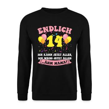 Endlich 14 - Ich kann jetzt alles - 14. Geburtstag - Unisex Pullover - Schwarz - Vorne - Alina (178cm) & Michal (187cm)