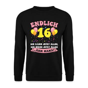 Endlich 16 - Ich kann jetzt alles - 16. Geburtstag - Unisex Pullover - Schwarz - Vorne - Alina (178cm) & Michal (187cm)