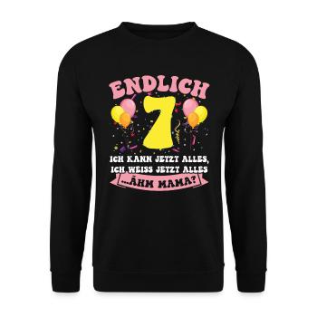 Endlich 7 - Ich kann jetzt alles - 7. Geburtstag - Unisex Pullover - Schwarz - Vorne - Alina (178cm) & Michal (187cm)