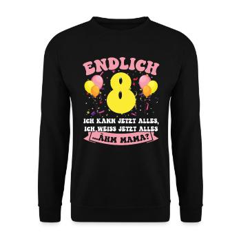 Endlich 8 - Ich kann jetzt alles - 8. Geburtstag - Unisex Pullover - Schwarz - Vorne - Alina (178cm) & Michal (187cm)