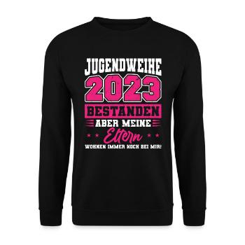 Jugendweihe 2023 Mädchen - Unisex Pullover - Schwarz - Vorne - Alina (178cm) & Michal (187cm)