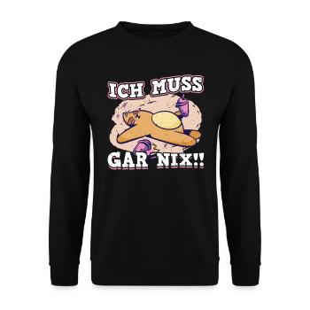 Ich Muss Gar Nix Fauler Katze Design - Unisex Pullover - Schwarz - Vorne - Alina (178cm) & Michal (187cm)