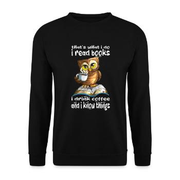 Coffee drinker Owl reads books a lot of knowledge - Unisex Sweatshirt - black - Front - Alina (178cm) & Michal (187cm)